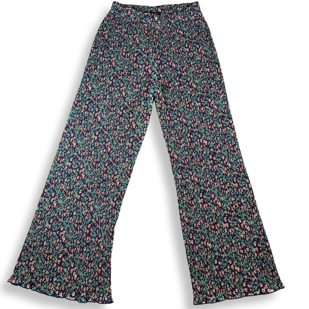 Dressed in Lala Floral Plisse Wide Leg Pants Navy Multi Pleated Trousers Small
